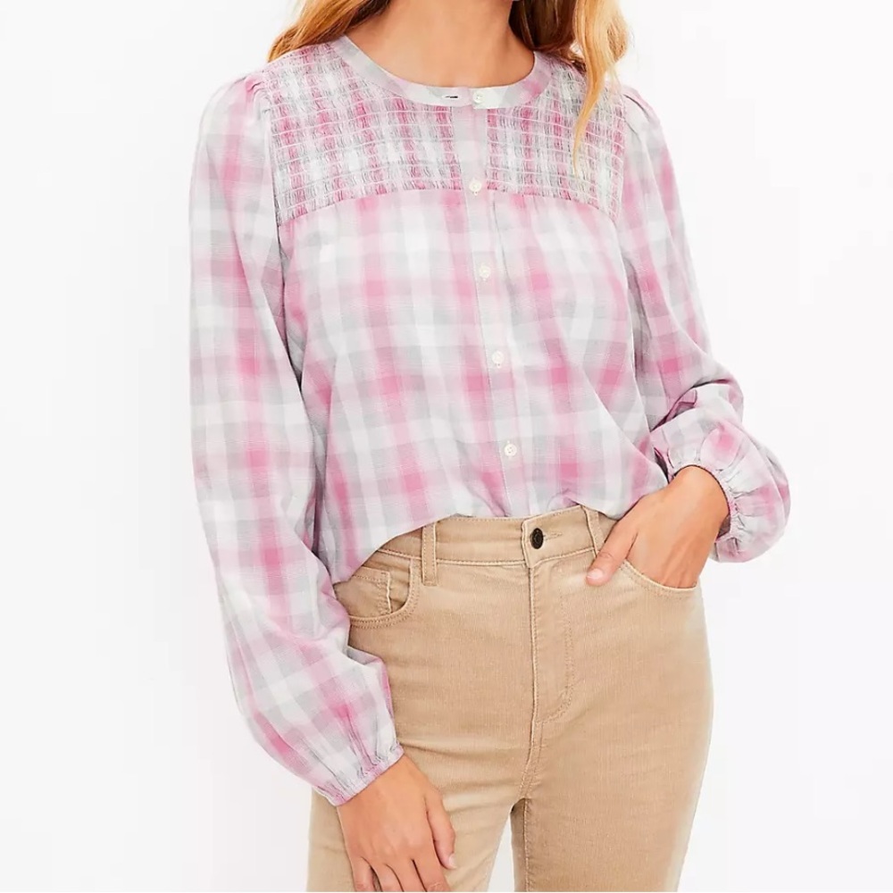 LOFT Plaid Smocked Yoke‎ Blouse buttoned down long sleeves Cotton Sz XL